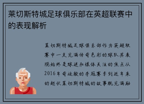 莱切斯特城足球俱乐部在英超联赛中的表现解析
