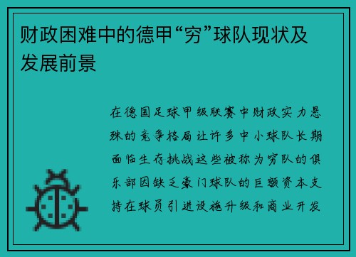 财政困难中的德甲“穷”球队现状及发展前景