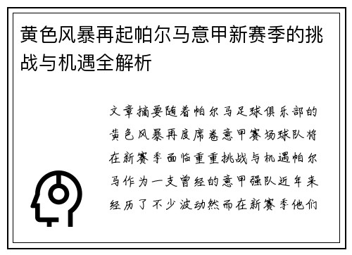 黄色风暴再起帕尔马意甲新赛季的挑战与机遇全解析