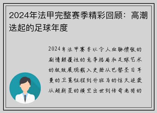 2024年法甲完整赛季精彩回顾：高潮迭起的足球年度